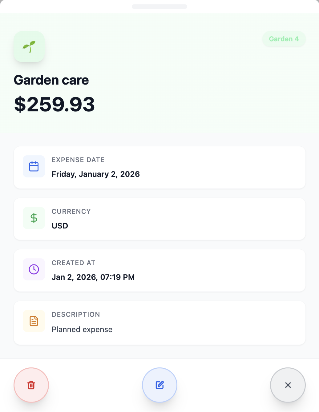 Detailed expense view for Garden care showing $259.93 amount with expense date (Friday, January 2, 2026), currency (USD), creation timestamp (Jan 2, 2026, 07:19 PM), description field, and action buttons for delete, edit, and close
